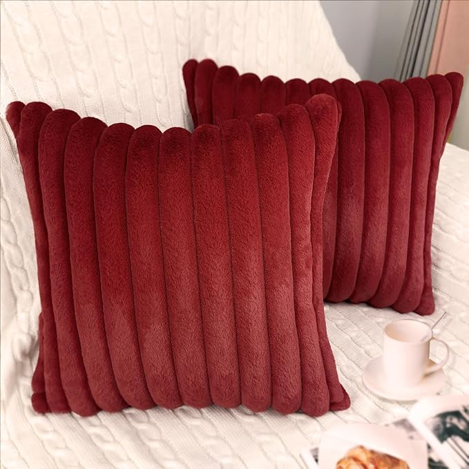 2 Pack 18x18 Pillow Cover Velvet Pillow Covers, Faux Fur Square Throw Pillow Covers for Living Room Decorations Throw Pillow Case, Throw Pillow Cover Cushion Cover for Sofa Bedroom Car, Burgundy Red