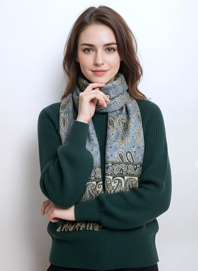 Achillea Reversible Paisley Pashmina Rave Scarf – Exotic Indian Shawls and Wraps for Evening Dresses, Festivals, All Seasons