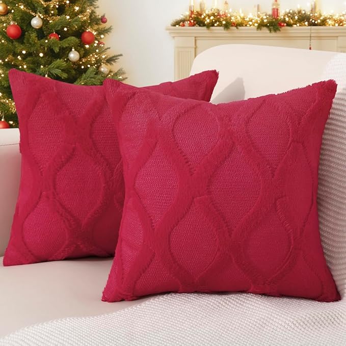 decorUhome Spring Throw Pillow Covers 16x16 Inch Set of 2, Soft Plush Faux Fur Wool Red Accent Couch Pillow Covers for Modern Farmhouse Bed Sofa Living Room