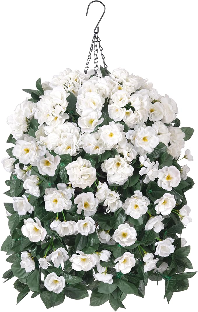 Artificial Geraniums Fake Hanging Flowers Basket for Spring Outdoor Decoration, Faux Plants Silk Geraniums Vines in Planter UV Resistant Look Real for Outdoors Yard Patio Porch Home Decor, White
