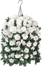 Artificial Geraniums Fake Hanging Flowers Basket for Spring Outdoor Decoration, Faux Plants Silk Geraniums Vines in Planter UV Resistant Look Real for Outdoors Yard Patio Porch Home Decor, White