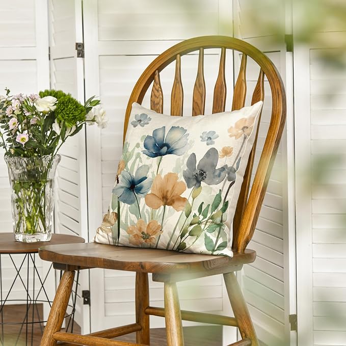 AVOIN colorlife Poppy Flowers Chinoiserie Spring Throw Pillow Cover, 18 x 18 Inch Light Brown Blue Seasonal Leaves Cushion Case Decoration for Sofa Couch Farmhouse