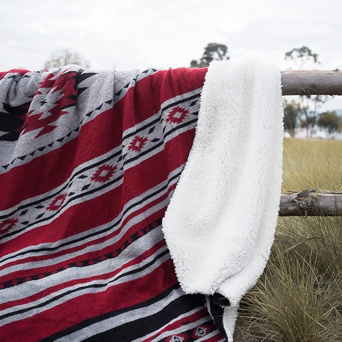 Aztec Patterned Throw Blanket with Soft Sherpa Lining, Traditional Southwestern Navajo Tribal Style Warm Throw for Camping, Outdoor, Light Weight Cozy Boho Blanket for Couch, Sofa, Bed, 60”x80”, Red