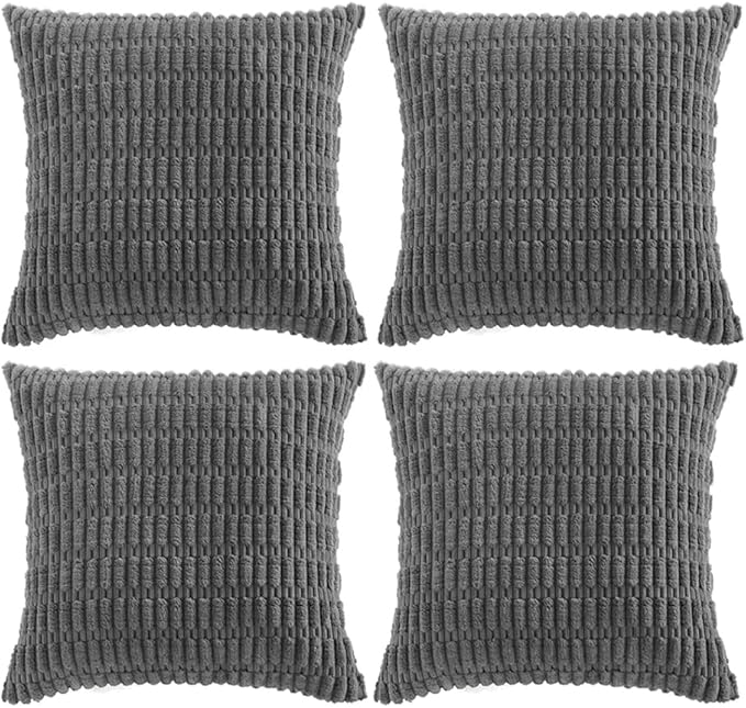 Fancy Homi 4 Packs Dark Grey Decorative Throw Pillow Covers 26x26 Inch for Couch Bed, Rustic Modern Farmhouse Boho Home Decor, Soft Plush Corduroy Gray Cute Square Accent Cushion Case 66x66 cm