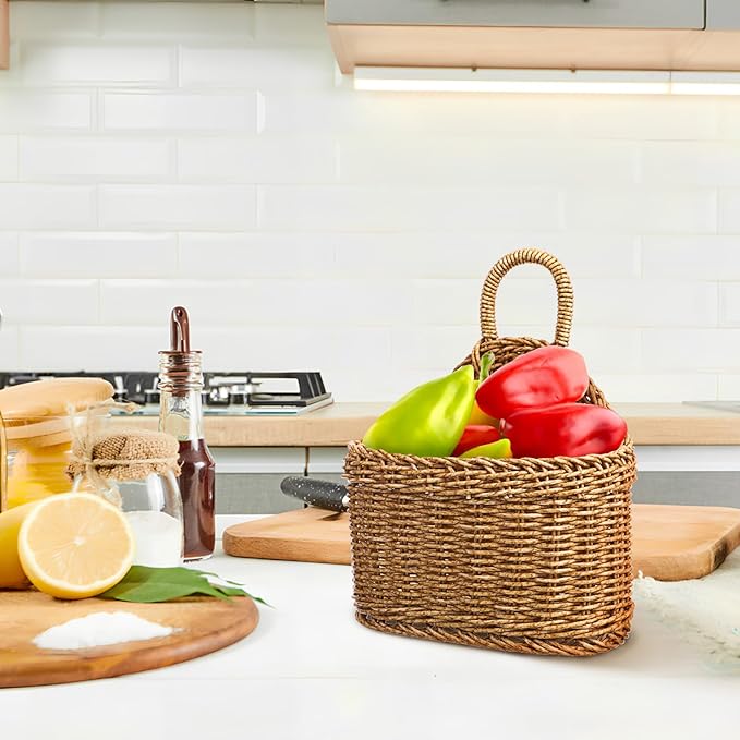 Woven Hanging Storage Basket for Kitchen 9.64X7.48X3.93In Rattan Wall Basket with Hook for Garlic Ginger Onion Potato Organization