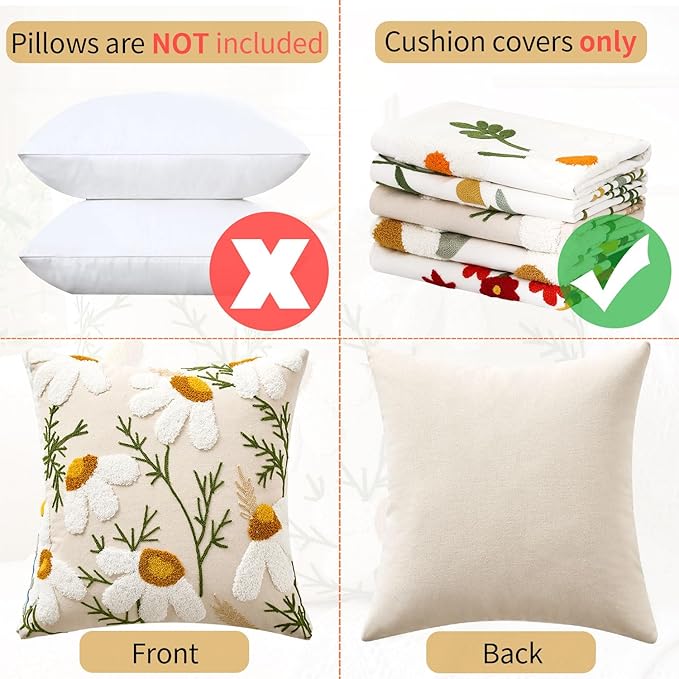 Embroidered Throw Pillow Covers Boho Farmhouse Daisy Tufted Pillow Covers Floral Decorative Couch PillowCases 16x16 Cottagecore Square Cushion Cover Set of 2 for Living Room Couch Sofa Bed Home Decor