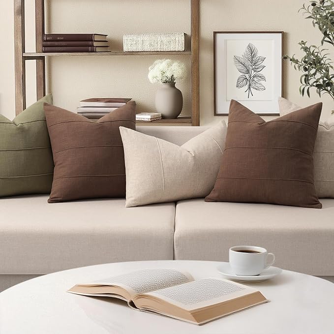ZWJD Decorative Linen Throw Pillow Covers 20x20 Set of 2 Solid Handcrafted Striped Cushion Covers for Bed Soft Modern Farmhouse Neutral Pillowcase for Couch Bedroom Living Room Home Decor(Brown)