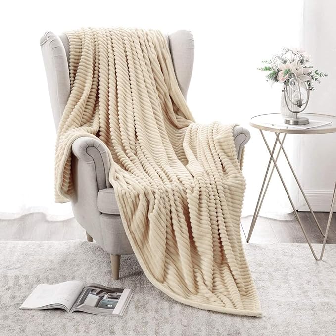 MIULEE Beige Throw Blanket 3D Ribbed Jacquard Fleece Flannel Velvet Plush Decorative Bed Blanket (Throw, 50" x 70") - Super Soft, Lightweight, Warm and Cozy for Couch Sofa