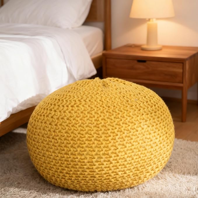 Round Pouf Ottoman, 18" Bordeaux Knitted Cotton Woven Round Pouf, Handmade Woven Bean Bag for Living Room, Floor Bag for Bedrooms, Home, Offices, Sofa Footrest (Yellow)