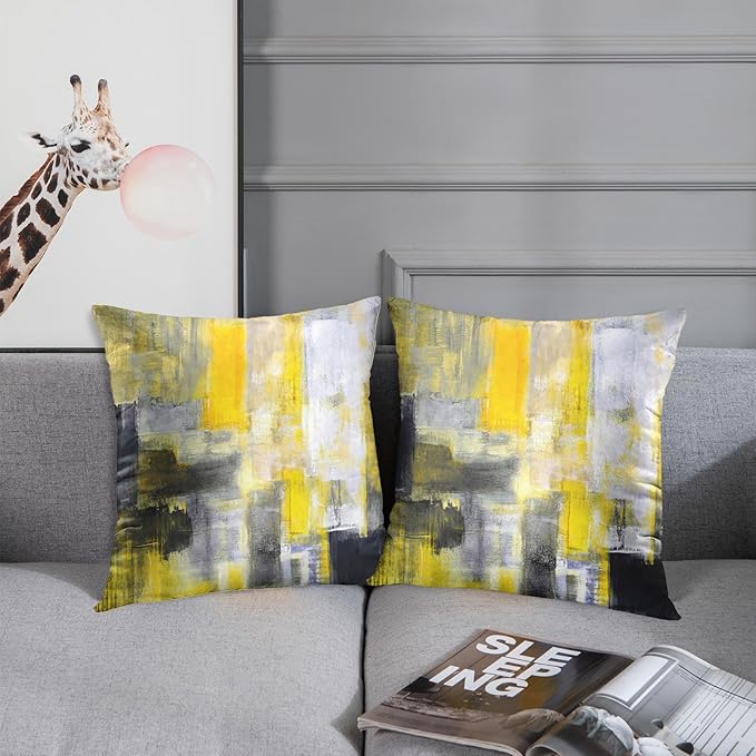 Emvency Set of 2 Yellow White and Black Throw Pillow Covers Modern Abstract Painting Decorative Pillow Cases Home Decor Standard Square 16x16 Inches Pillowcases