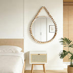 POZINO Wood Beaded Round Mirror, 28" Rustic Farmhouse Hanging Mirrors with Wooden Spherical Frame, Boho Circle Mirrors for Bathroom Bedroom Living Room Hallway Entryway Fireplace