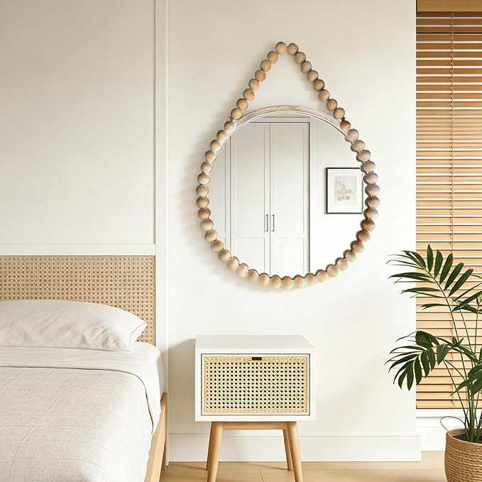 POZINO Wood Beaded Round Mirror, 28" Rustic Farmhouse Hanging Mirrors with Wooden Spherical Frame, Boho Circle Mirrors for Bathroom Bedroom Living Room Hallway Entryway Fireplace