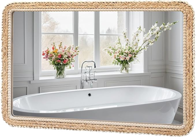FUIN 24x36 Large Wall Mirror, Wood Frame with Braided Seagrass and Wooden Bead, Vertical & Horizontal Coastal Mirror for Bathroom