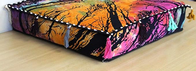 ICC Large Square Cotton Mandala Cushion Cover Hippie Ottoman Pouf Cover Daybed Floor Pillow Cover with Heavy Duty Zipper Seating Ottoman Poufs Dog-Pets Bed (Multi Forest, 18" Square)