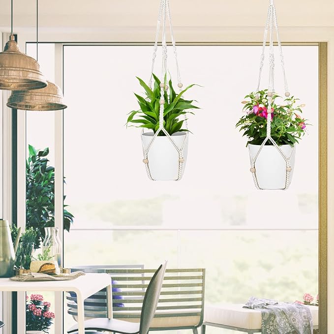 ZMTECH Macrame Plant Hanger for Indoor Plants - 2 Pack 35 Inch Boho Hanging Plant Hanger with Natural Wood Beads, Ivory Home Decor