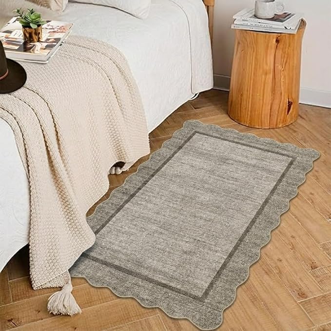 GarveeHome Small Area Rug 2x3 Modern Scalloped Entry Rug Solid Color Kitchen Rugs Washable Bedroom Doormat Non Slip Stain Resistant Bordered Throw Carpet for Living Room Nursery Laundry, Brown