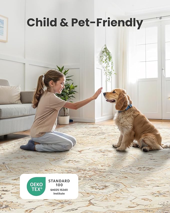 AMADA HOMEFURNISHING Round 4ft Area Rugs, Low-Profile Washable Rug with Non-Slip Backing & Durable Edge Binding, Vintage Rugs for Living Room, Bedroom, Dinning Room