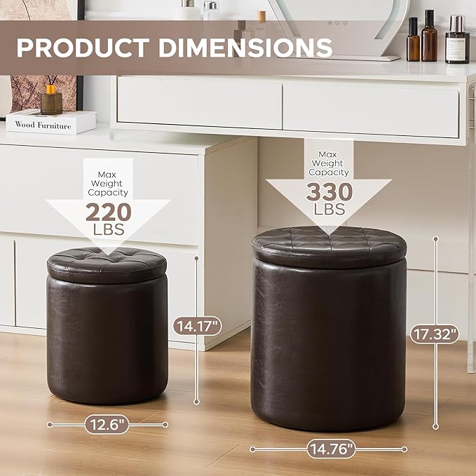 Round Set of 2 14.76" L x 14.76" W x 17.32" H Faux Leather Ottoman with Storage, Small Foot Rest Storage Ottomen with Lid Living Room, Bedroom Vanity Stool Chair, Coffee