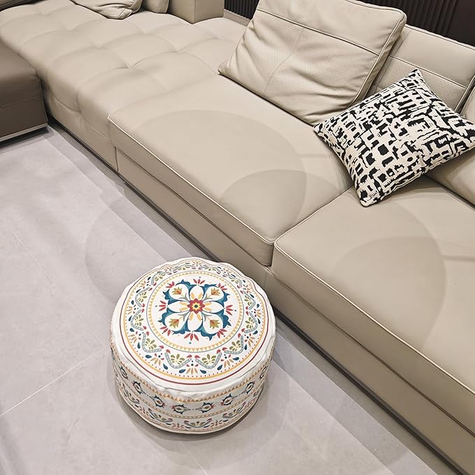 MOCOFO Round Bohemian Ottoman Pouf Cover, 18 Inch, Cotton Blend, Church Window Print, Living Room Storage Footrest, Cover Only (Little Wild)