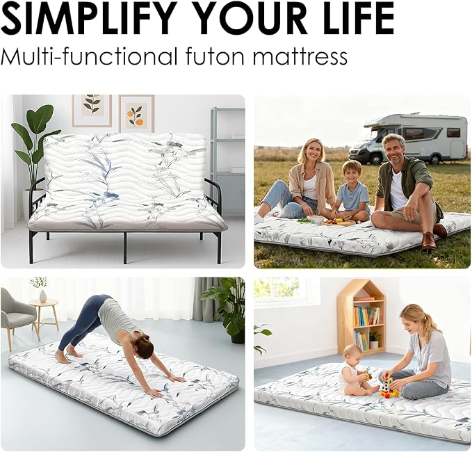 Japanese Floor Mattress, 3.5" Thicken Ink Wash Floral Pattern Portable Futon Mattress, 100% High-Density Foam Tatami Mat Sleeping Pad for Camping Guest Room Dormitory RV, White, Twin