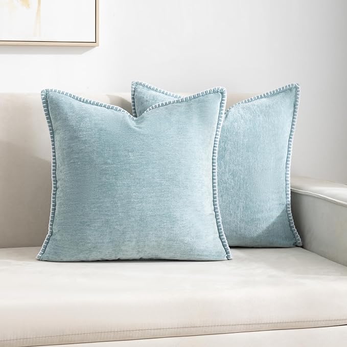 Decorative Throw Pillow Covers Pack of 2, 18x18 In Chenille Soft Pillow Covers with Stitched Edge, Farmhouse Neutral Euro Decorative Pillows for Bed Couch Sofa Home Decor Living Room, Blue