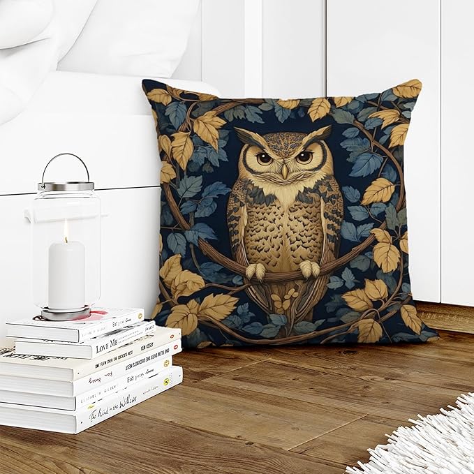 YOU FOUND ME William Morris Abstract Vintage Floral Velvet Owl Design Throw Pillow Covers Home Decor, Retro Art Decor Pillowcase Cushion Cover for Bed Sofa Living Room, Square 18x18inch (Owl)