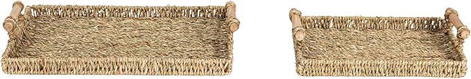 Household Essentials Handwoven Seagrass Rectangular Tray Set with Wood Handles, Natural, Set of 2