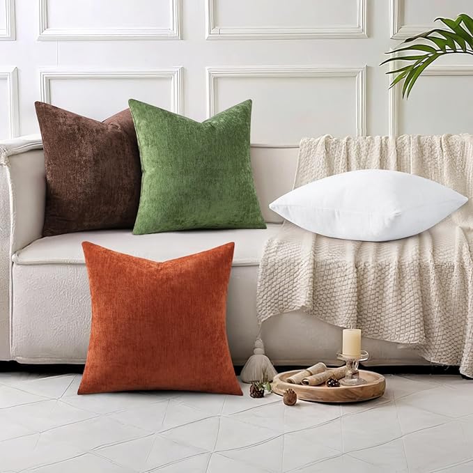 decorUhome Chenille Reddish Brown Spring Euro Sham Throw Pillow Covers 22x22 Inch Set of 2, Decorative Soft Couch Pillow Covers Solid Dyed Accent Farmhouse Neutral Square Pillow Cases for Sofa