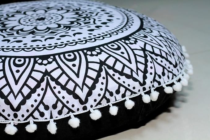 CRAFT KALA 32" Round Mandala Boho Pillow Cover Meditation India Room Seating Poufs Cover for Living Yoga Room Home Décor Bedroom Balcony Garden Decoration Cotton Floor Cushion Cover Black White Flower