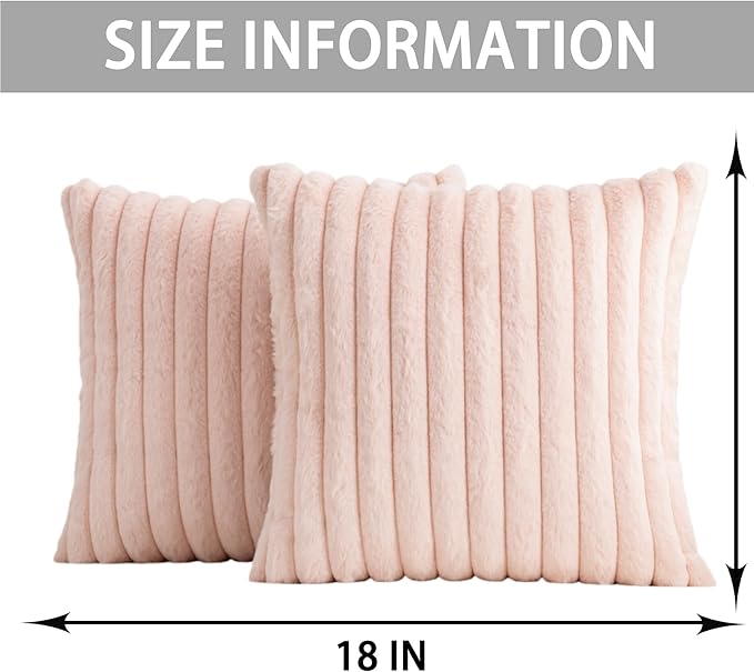 Pack of 2 Faux Fur Christmas Throw Pillow Covers 18x18 Inch, Soft Plush Striped Neutral Couch Pillow Cover, with Velvet Back Modern Home Decor for Sofa Living Room Couch Bed Light Pink
