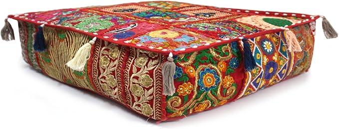 Mam Treasures Indian Bohemian Decorative Pillow Vintage Cushion Cover Patchwork Square Floor Pillow Cover Meditation Cushion Large Floor Pillow Indian Cushion (Red, 18 X 18 X 5 Inch)