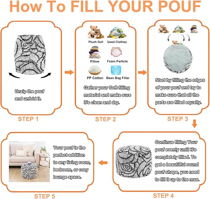 Asuprui Fluffy Flower Pouf Ottoman Cover Only – 20"x14" Round Plush Fuzzy Pouf Shell for Footrest, Stool or Floor Seat, Soft Removable Home Decor (No Insert Included) (Cream)