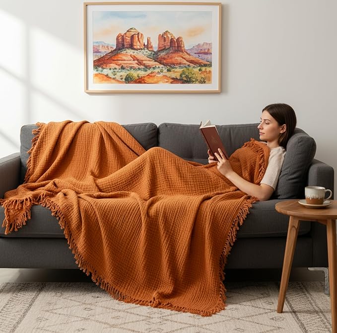 KyraHome 100% Cotton Throw Blanket for Bed, 60"x80" Muslin Blankets for Adults, Kids, Plant-Dyed, Lightweight Couch Blanket, All Season, (Terracotta/Burnt Orange)