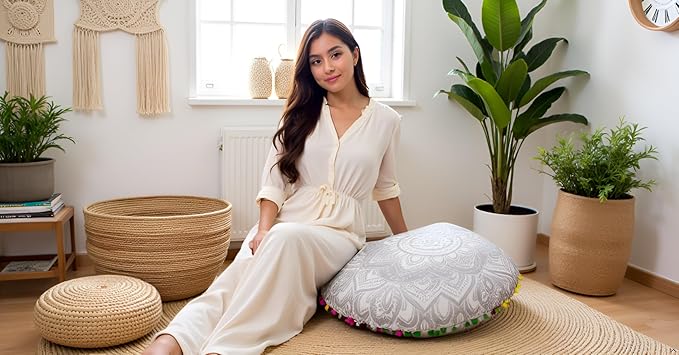 CRAFT KALA Large Round Bohemian Floor Pillow Pouf Cover Mandala Meditation Room Pillow Cover for Adults Boho Seating Poufs Cushion Cover for Kids Playroom 32" Round Silver Flower