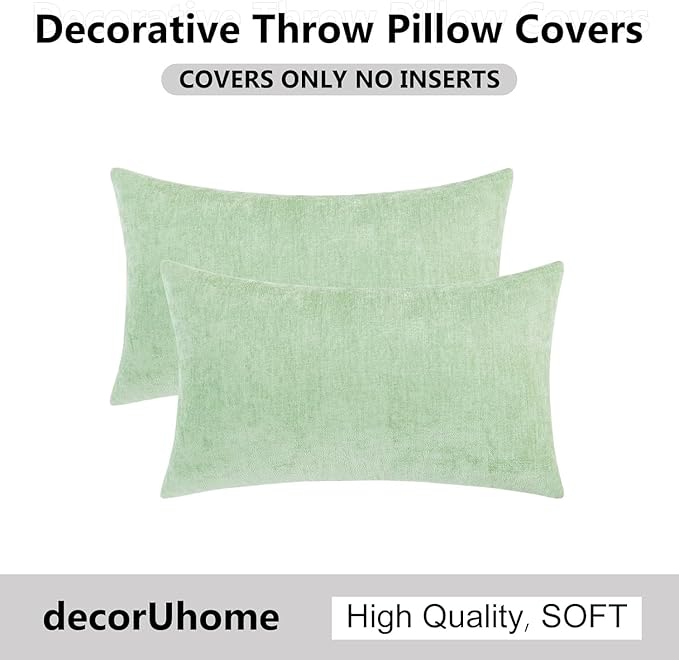 decorUhome Chenille Sage Green Spring Throw Pillow Covers 12x20 Inch Set of 2, Decorative Soft Couch Pillow Covers Solid Dyed Accent Farmhouse Neutral Rectangle Pillow Cases for Sofa