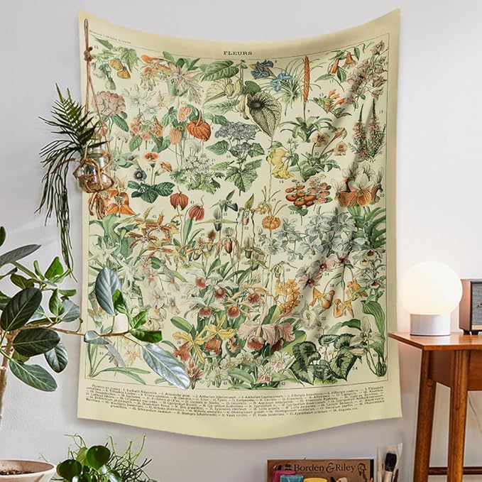 Vintage Flowers Tapestry 48”x36”, Long Vertical Wall Hanging Reference Illustrative Botanical Tapestries for Bedroom Aesthetic Floral Tapistry Botanical Plants Tapestry Wall Hanging Cute Bedroom Decor