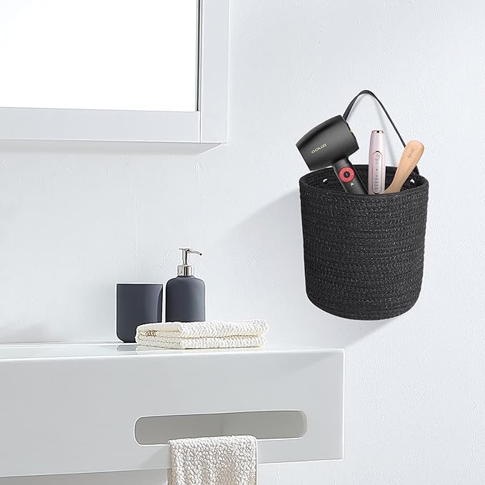 2pcs of Black Hemp Rope Hanging Basket-10.6" x 5.5" Hanging Woven Wall Basket Set with Leather Handles,Wall Mounted Woven Hanging Basket Storage,Shelf Basket Organizer for Plants