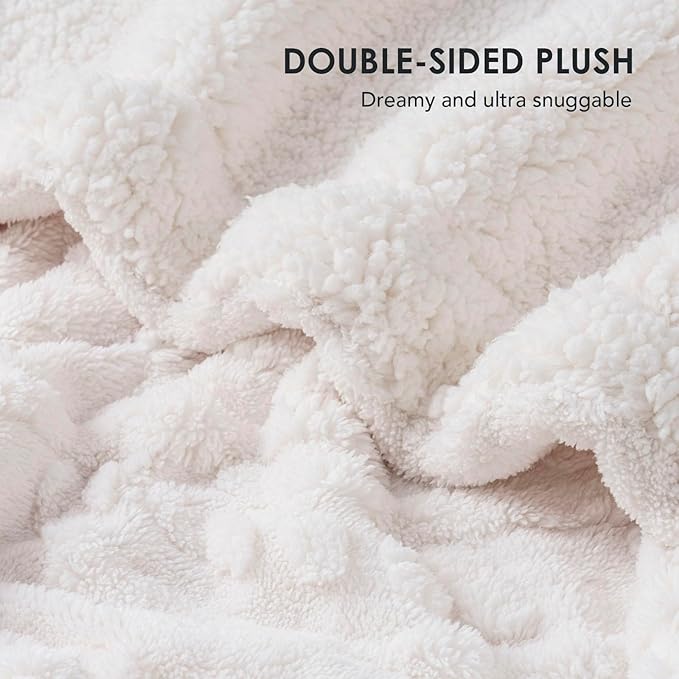 EverGrace Classic Cable Jacquard Sherpa Fleece Throw Blanket for Couch, Soft Cozy Fuzzy Plush Blankets for All Seasons, Reversible Thick Warm Blanket for Bed, Sofa, Bleach White, 60" x 80"