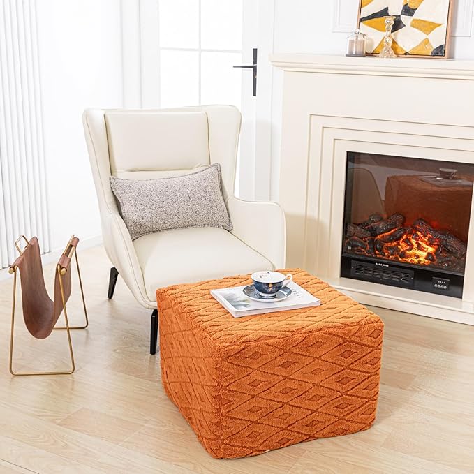Fluffy Square Ottoman Pouf with All-in-One Foam Filling 20 x 14 Inches Furry Ottoman Foot Rest Foot Stool for Living Room or Bedroom (Orange)