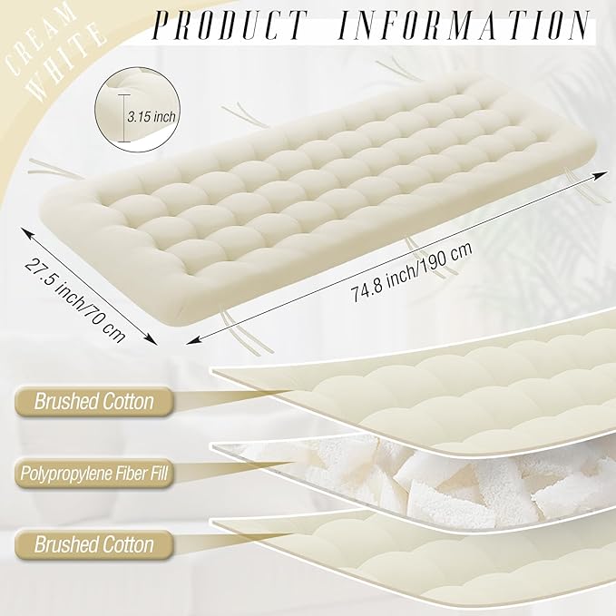 Long Floor Cushion Large Floor Cushion with Brushed Cotton 74.8 x 27.5 x 3.15 in Jumbo Lounger Pillow for Outdoor Indoor Bay Window Meditation Yoga Reading Sleeping(1 Pc,Cream White)