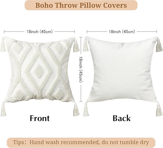Boho Throw Pillow Covers 18x18 Inch with Tassels, White Tufted Square Bohemian Decorative Pillow Covers Set of 1, Farmhouse Woven Cushion Cases for Couch Sofa Bed Living Room Home Decor