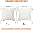 Boho Throw Pillow Covers 18x18 Inch with Tassels, White Tufted Square Bohemian Decorative Pillow Covers Set of 1, Farmhouse Woven Cushion Cases for Couch Sofa Bed Living Room Home Decor
