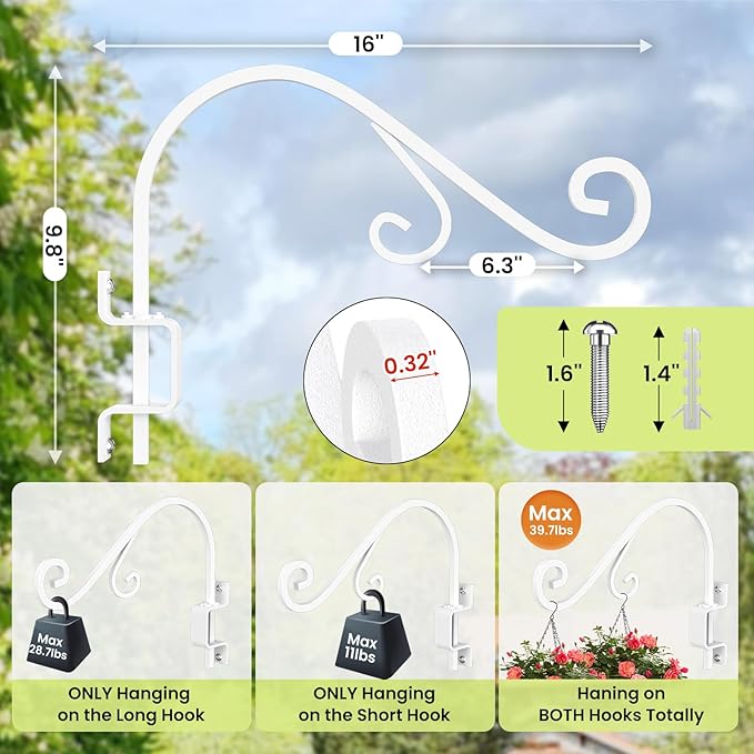 Swivel Plant Hangers Outdoor: 4 Pack 16 Inch Metal Hanging Plant Bracket Bird Feeder Wall Hooks Heavy Duty Plant Hangers Indoor Wall Mount Plant Hooks for Hanging Baskets, Lanterns, Wind Chimes, White