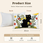 Embroidered Pillow Covers 12x20 Inch Set of 1, Black Cat and Floral Patterned Decorative Throw Pillow Covers Lumbar Farmhouse Canvas Cushion Cases for Couch Sofa Bed Living Room Home Decor