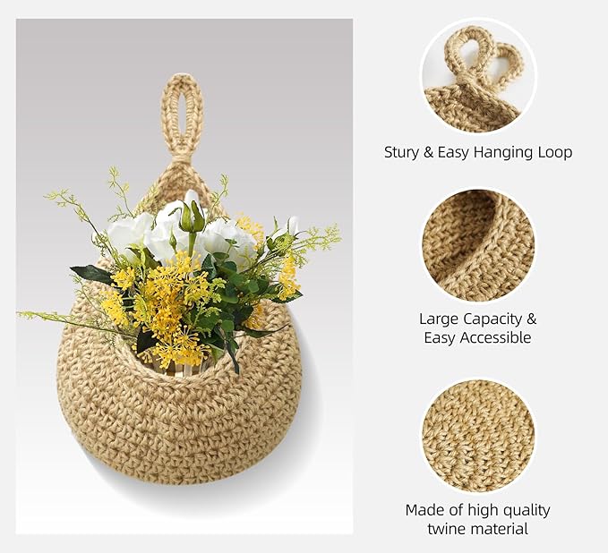 Hanging Baskets Set, 3 Pcs Boho Wall Hanging Basket with 6 Pcs Strong Hooks, Hand-Woven, Drop Molding, Used In Living Room or kitchen To Store Fruit and Vegetable And Potted Plants (Linen)