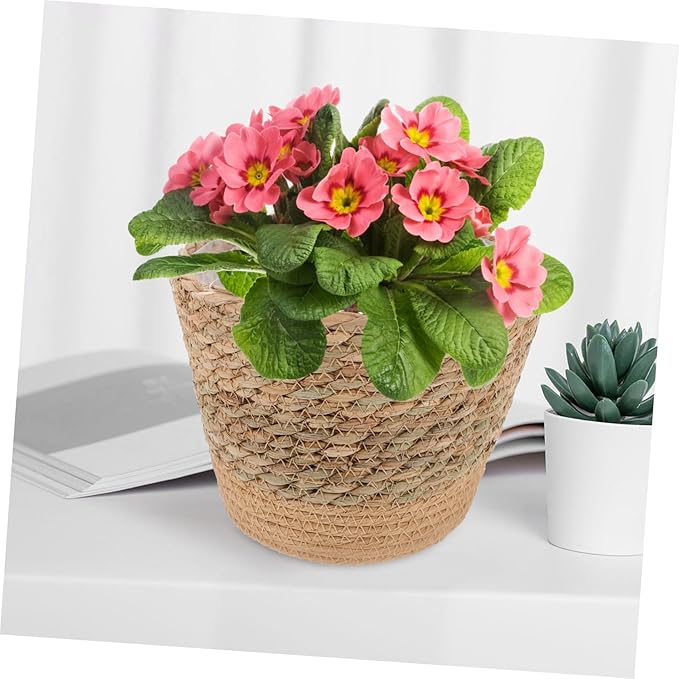 Straw Woven Plant Basket with Flat Base Handmade Flower Pot Holder for Indoor Home Decor Living Bedroom Office Use Natural Boho Style Woven Design