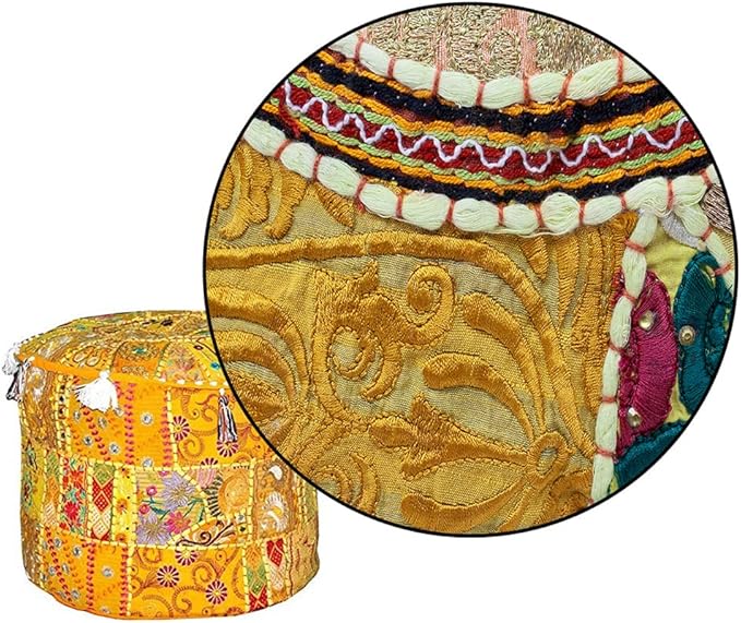 Aakriti Indian Footstool with Embroidery Pouf, Indian Cotton, Pouf, Ottoman Pouf Cover with Ethnic Decor Art – Cover (Yellow, 46 x 33 cm)