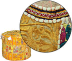 Aakriti Gallery Indian Pouf Footstool - Ethnic Embroidered Ottoman Pouf Cover, Cotton Round Pouffe - Yellow, 22x14