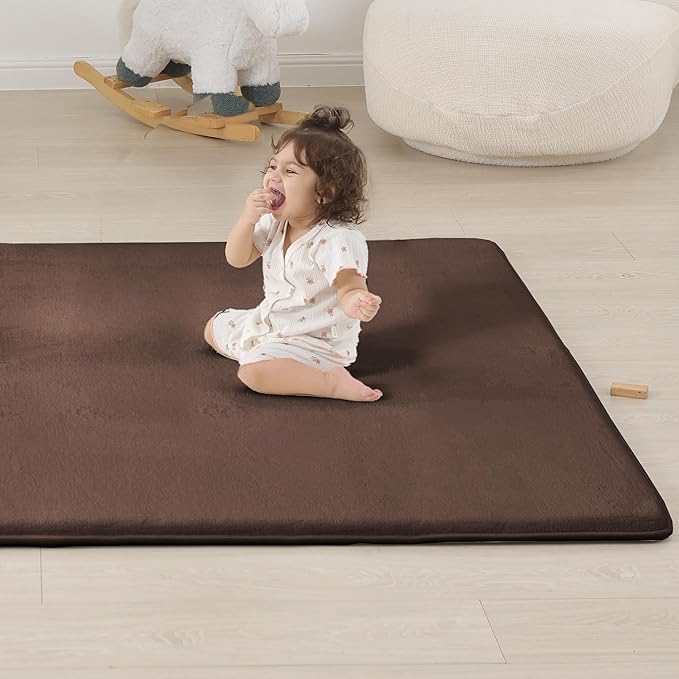 1.3" Thick Baby Play Mat for Floor, 79x79 Playpen Mat, Pro Soft Flannel Foam Mats Toddler Infant Kids Crawling for Nursery Rug Playroom Living Room Waterproof Easy Care Non-Slip (Brown)