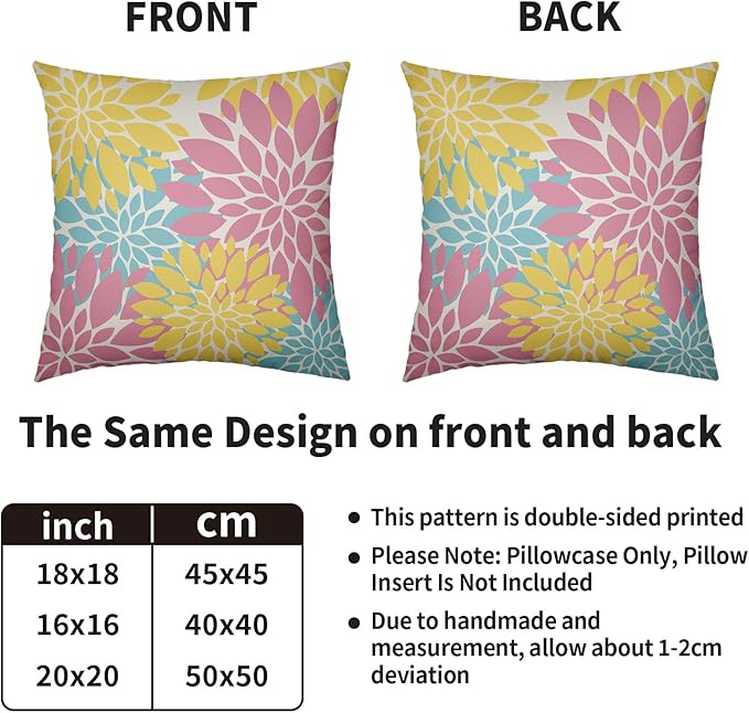 Yellow Pink Blue Spring Pillow Covers 24X24 Inch Set of 2, Modern Dahlia Floral Print Decorative Throw Pillow Covers Outdoor Farmhouse Cushion Case for Home Couch Sofa Bed Decoration